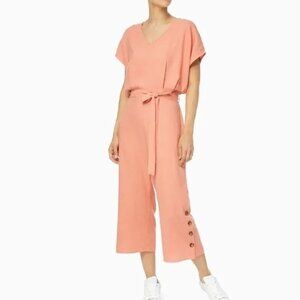 Kensie Jeans Linen Blend Cropped Jumpsuit Womens L Coral Tie Back Casual NO BELT